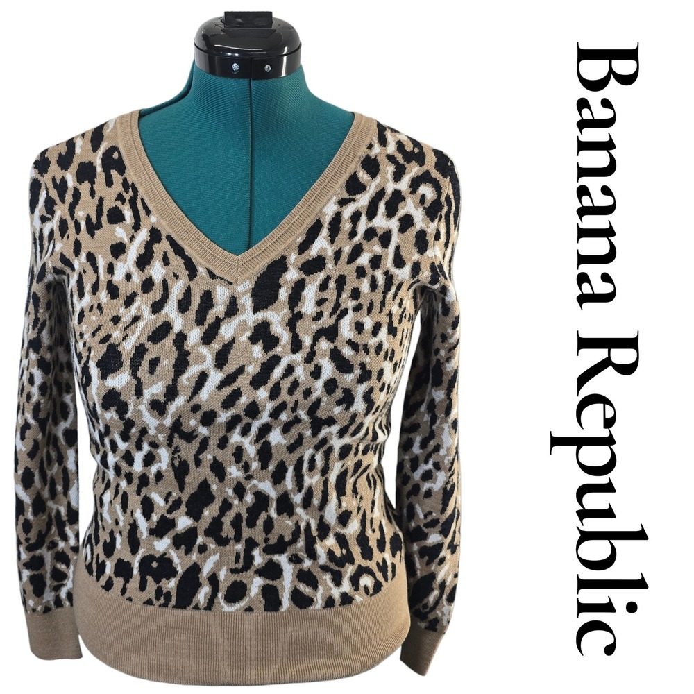 Banana‎ Republic Leopard Print V Neck Sweater Women XS Merino Wool Blend